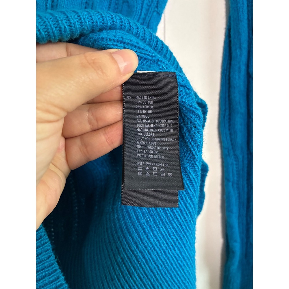 Y2K American Eagle Blue Cable Knit V-Neck Sweater S Turquoise Long‎ Sleeve Slim - Picture 7 of 7